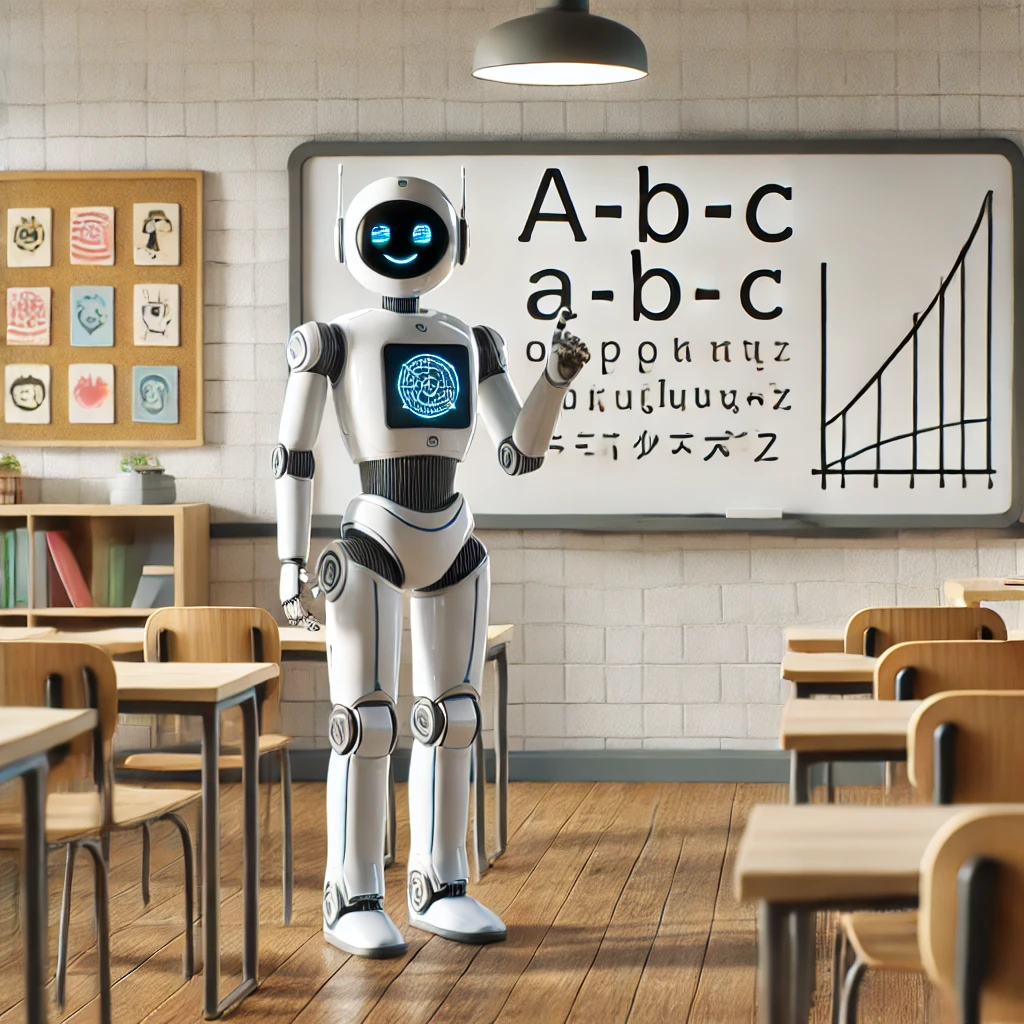 DALL·E 2025-05-09 07.40.50 - A futuristic robot teacher standing in a modern classroom. The classroom has desks, a whiteboard, and educational posters on the wall. The robot has a