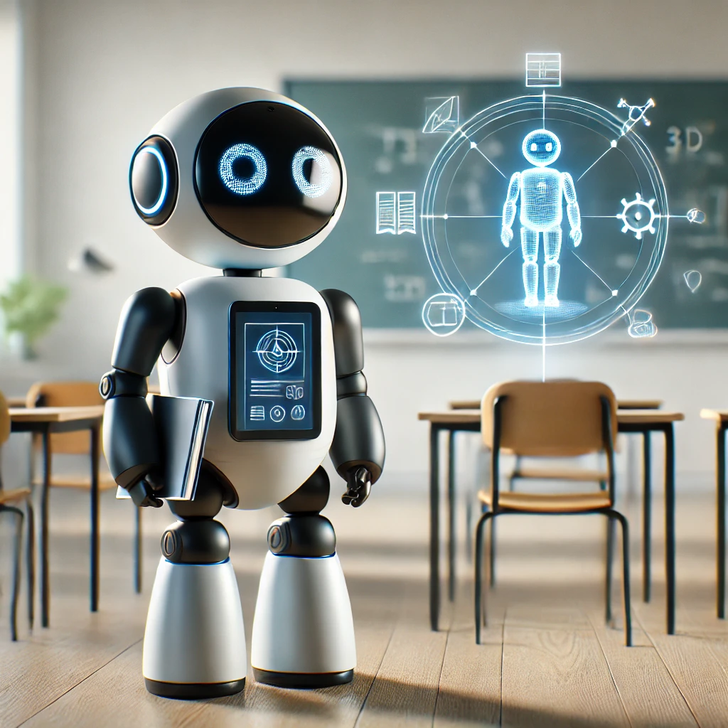 DALL·E 2025-05-13 18.14.01 - Two small academic-themed robots in a modern classroom setting, each in a separate space of the image. Robot 1 is a sleek, friendly note-taking assist