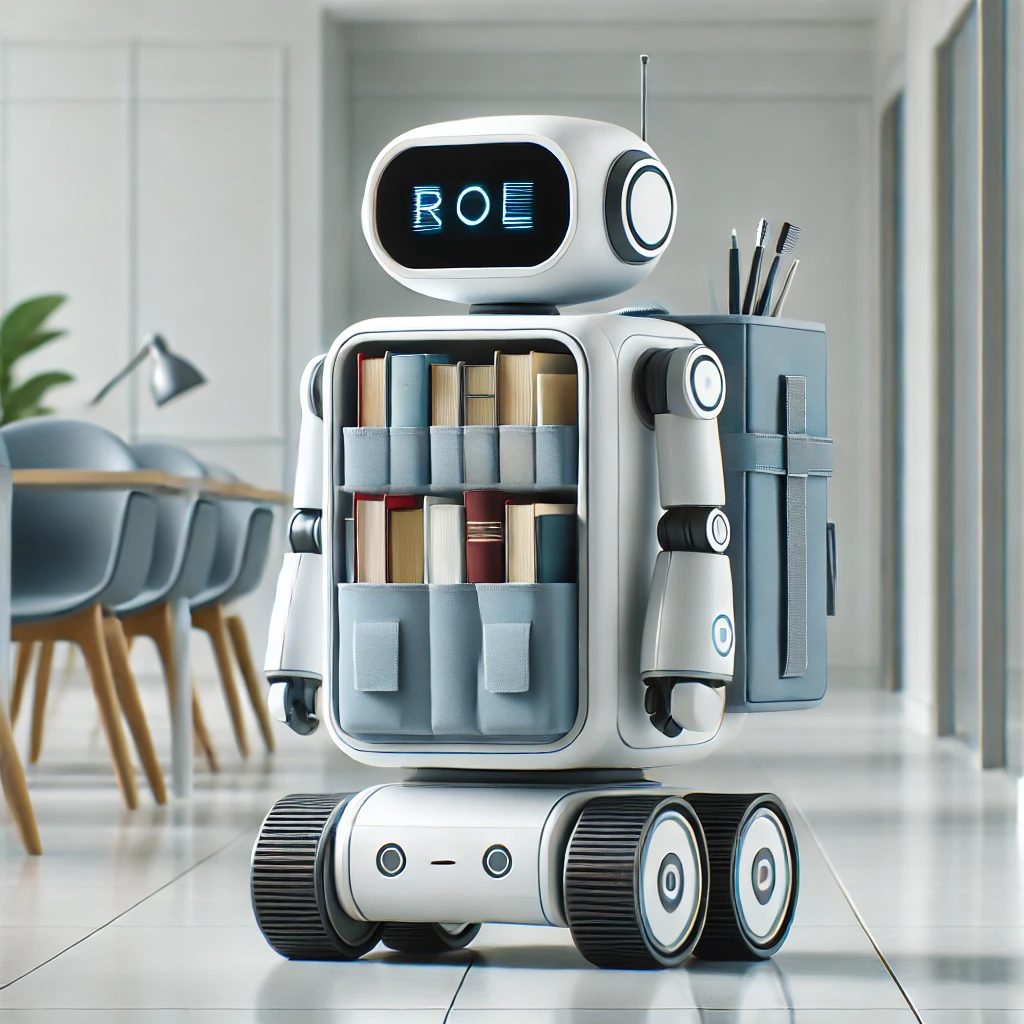 DALL·E 2025-05-13 18.22.34 - A single small academic-themed robot designed to carry and organize books and papers. The robot is knee-high, sleek, and friendly-looking, equipped wi