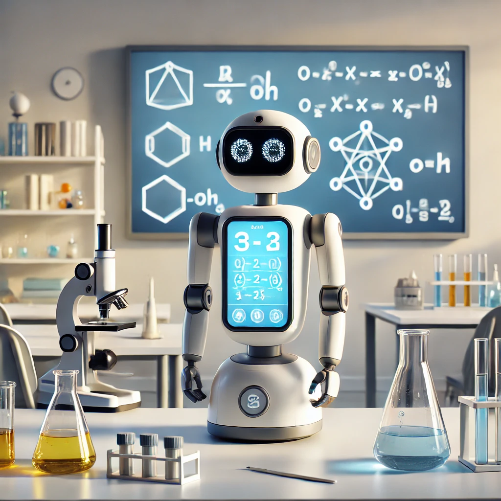 DALL·E 2025-05-13 18.25.23 - Image 1_ A single small academic-themed lab assistant robot in a modern school science lab setting. The robot is knee-high, sleek, and equipped with a