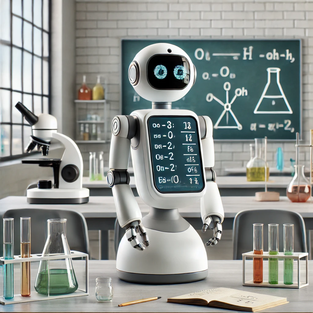 DALL·E 2025-05-13 18.25.25 - Image 1_ A single small academic-themed lab assistant robot in a modern school science lab setting. The robot is knee-high, sleek, and equipped with a