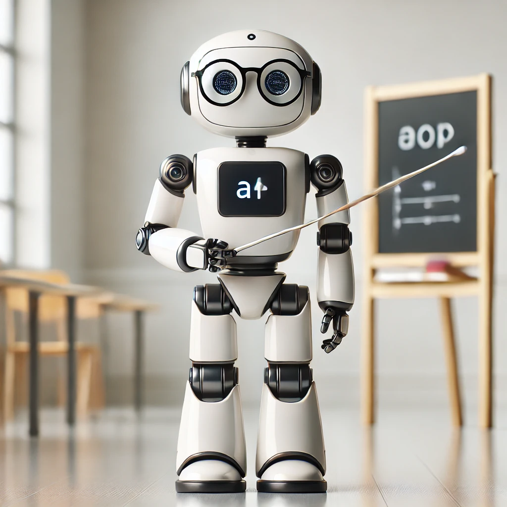 DALL·E 2025-05-13 18.33.17 - A single small academic-themed robot designed to look like a friendly instructor or professor. The robot is knee-high and sleek, with glasses, a digit