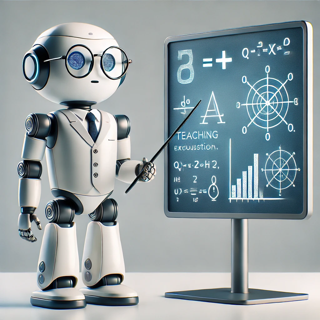 DALL·E 2025-05-13 18.48.23 - A single small academic-themed robot instructor, designed to look like a professor teaching a class. The robot is knee-high, sleek, and intelligent-lo