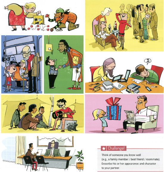 Robot teacher asking you to describe people in the pictures