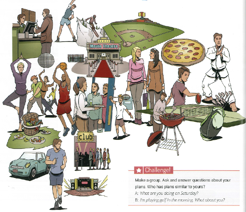 People doing different activities like watching a movie, playing sports, and going to a club