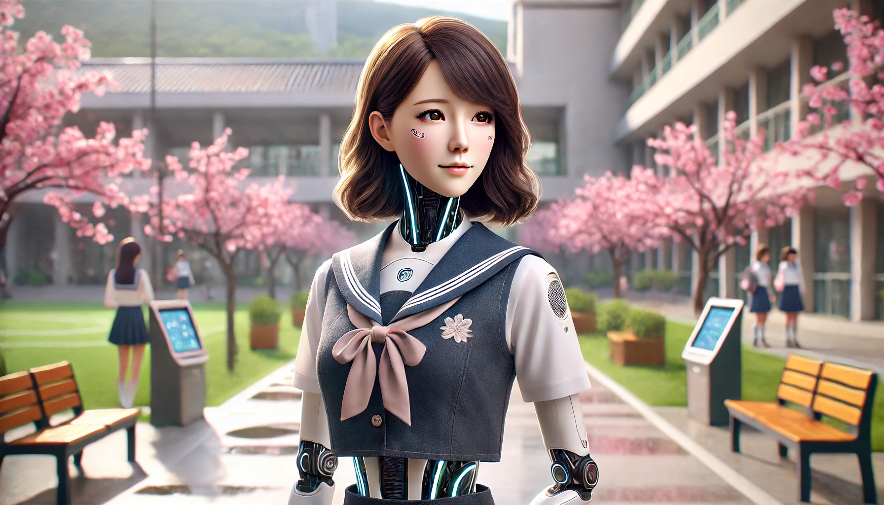 A friendly robot examiner interviewing a student